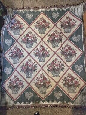 Vintage American Weavers Woven Floral Basket Heart Fringed Throw Blanket